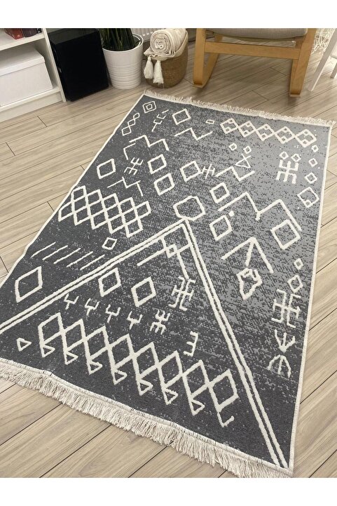 stay with love Kilim Çift Taraflı Pamuklu Dokuma Makinede Yıkanabilir 1.kalite Dokuma Kilim Gri-Beyaz Yolluk, Paspas, Mutfak Halısı