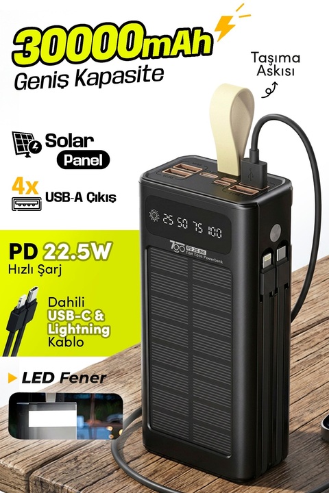 7GO GPW-09 30000mAh Güneş Enerjili Powerbank | PD 22.5W Hızlı Şarj | Dahili Type-C & Lightning Kablo