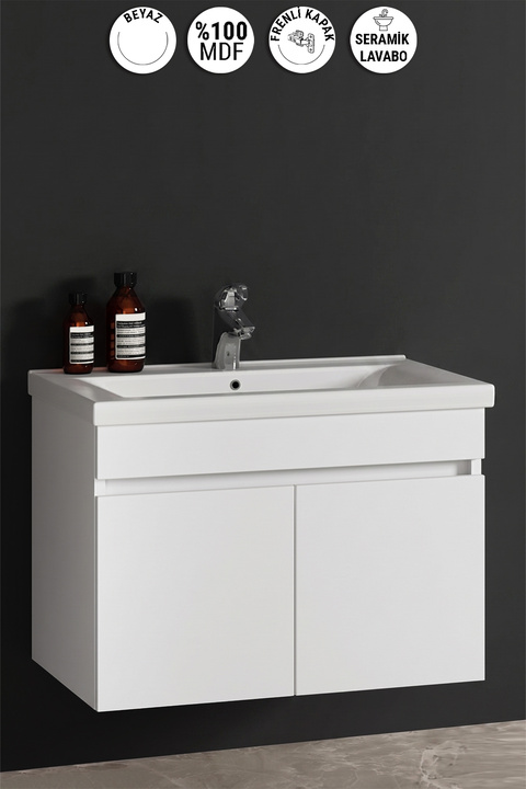 ÖZCEDEN Çiğdem 80 Cm Beyaz MDF Seramik Lavabolu Asma Banyo Alt Dolabı