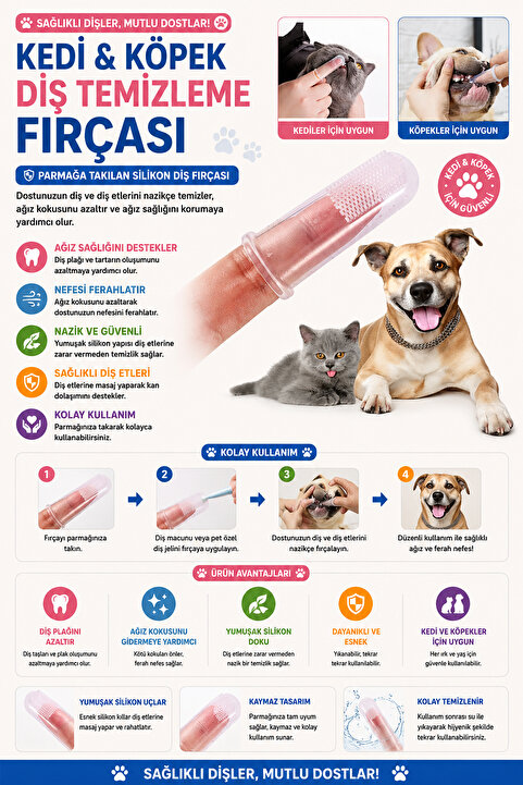 rianka Silikon Kedi Köpek Diş Fırçası – Parmak Geçmeli Diş Kaşıyıcı ve Dil Temizleyici Evcil Hayvan Diş Bakım Fırçası