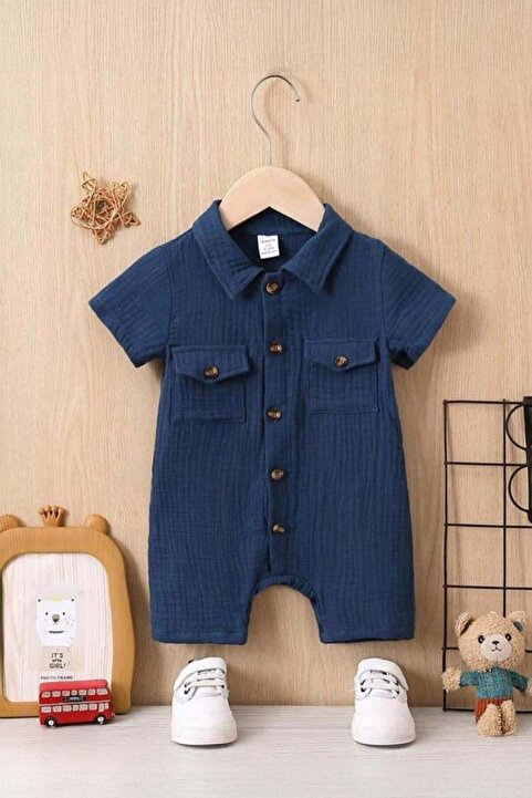 Bubito Unisex Bebek&Çocuk %100 Pamuklu Tahta Düğmeli Cepli Müslin Tulum-Mavi
