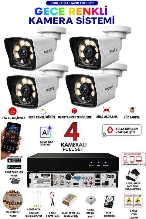 PROLİFE 4 Kameralı Full Set 1080p Full Hd Gece Renkli Görüş Güvenlik Kamerası 2 Yıl Garantili Su Geçirmez