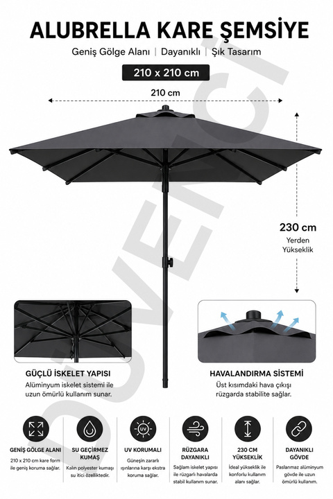 Düvenci Alubrella Kare Antrasit Güneş Şemsiyesi, 210 cm çap / 8 Telli Bahçe Şemsiyesi, BİDONSUZ
