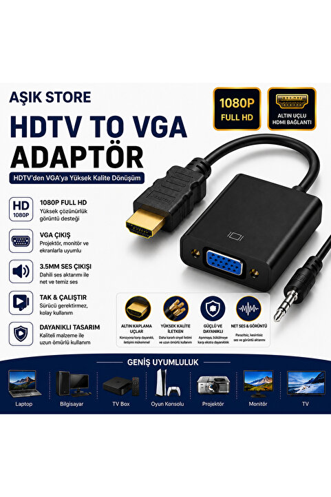 AŞIK STORE HDMI to VGA Adaptör 1080P Full HD Altın Uçlu 3.5mm Ses Çıkışlı HDMI Erkek VGA Dişi Dönüştürücü Laptop Monitör Projeksiyon TV Bilgisayar
