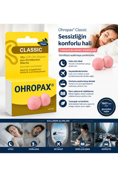 OHROPAX Classic Balmumu Kulak Tıkacı Uyku Seyahat Horlama Gürültü Önleyici Yumuşak Kulak Koruyucu