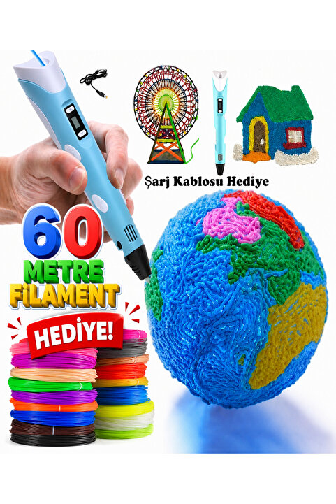 Reidan 60M 3d Pen Üç Boyutlu Yazıcı Kalem Printer Renkli Filament 3D Çizim Kalemi Çizim 3D Yazıcı