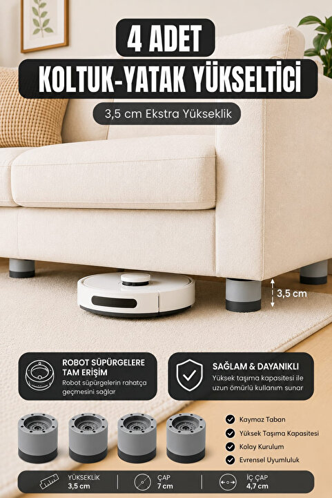 TİNEKE Robot Süpürge Mobilya Ayağı Ve Dolap Yükseltici Ayak Kaydırmaz Ve 3.5cm Yükseltici 4 Lü Set