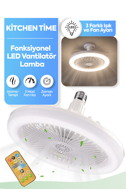 Kitchen Time Pervaneli 3 Kademeli Led Lambalı Fan Tavan Vantilatörü Işık Ve Hız Ayarı Kumandalı Tavan Fan