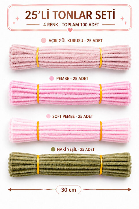 Hobialem 100 Adet 4'lü Şönil Set Pembe (25) Gül Kurusu (25) ,Soft Pembe (25) Ordu Yeşili (25) Çiçek Tüylü Te