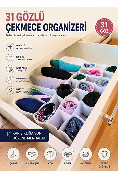 zvenn 31 Gözlü Çekmece İçi Petek Organizer & Düzenleyici Cepli Çamaşır Çorap Kravat Organizeri