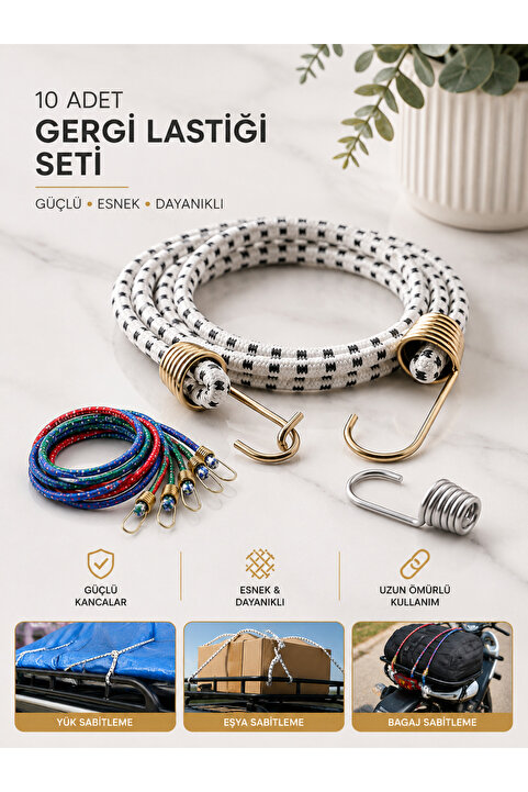 Arsimo ( 10 Adet ) Bagaj Lastiği Metal Kancalı Gergi Halatı 90 Cm | Otomobil Bisiklet Kancalı Gergi
