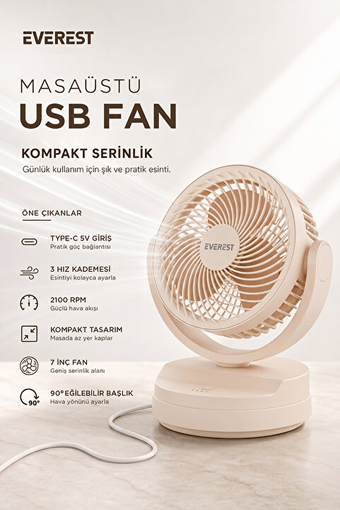 Everest EFN-509, KREM, 3 Kademeli Hız, 17,5cm 3 Kanat Pervane ve Çerçeve, Masaüstü, USB Vantilatör