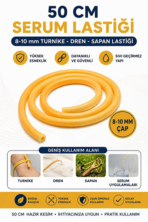 Genel Markalar Serum Lastiği, 8/10 mm, Dren, Sapan Lastiği, Boy: 50 cm, Lateks, Turnike Lastiği