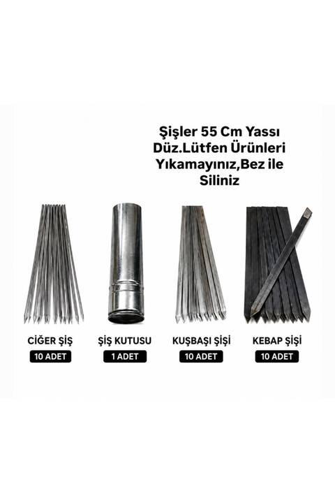 YILMAZNARGİLE Mangal Seti -10 Adana Kebap Şiş Silme Demir , 10 Ciğer Şişi Yassı, 10 Kuşbaşı ,şiş Kutusu Hediyeli