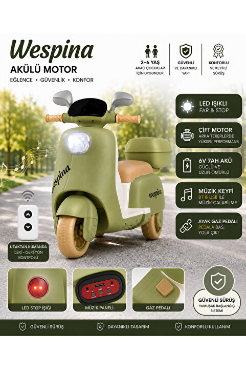 POZART 3Tekerli Akülü Çocuk Motor Müzik Çalarlı Uzaktan Kumandalı 50kilo Kapasite 1-6 Yaş Uygun Wespina