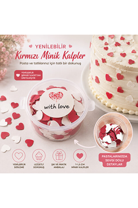 hediyehobihersey 50 ADET Mini Kırmızı Kalp Pasta Süslemesi, Yenilebilir Konfeti Mini Kalp 50 Adet Kesilmiş