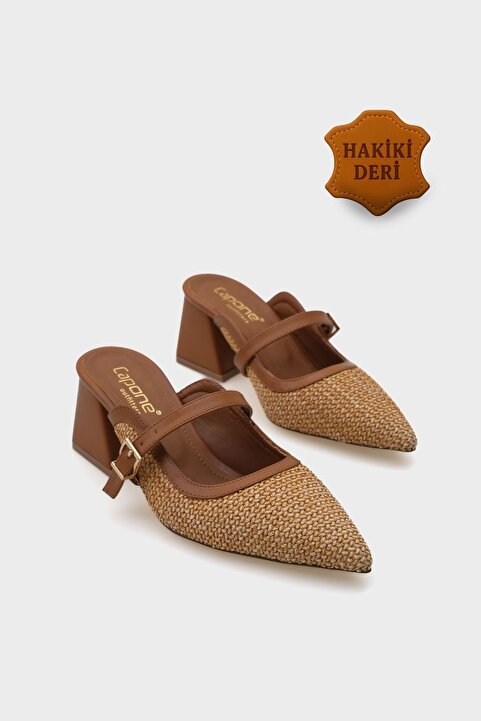 Capone Outfitters Nena Hakiki Deri Sivri Burunlu Hasır Burnu Kapalı Kadın Terlik