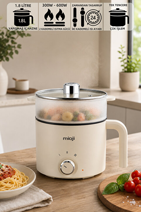 Mioji EP35 600W 1.8L Çok Fonksiyonlu Buharlı ve Yağda Pişirme Özellikli Elektrikli Pişirici Beyaz