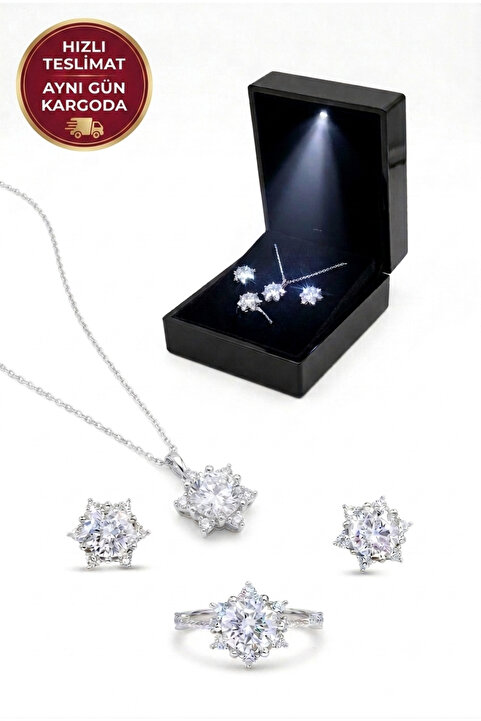 vüs jewel Gümüş Rodyumlu Lotus Çiçeği Yüzük Küpe Kolye Set Işıklı Kutuda Özel Paketleme