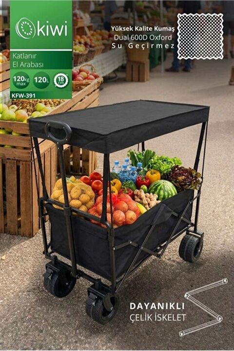 Kiwi Pro Katlanabilir 120 kg Çift Tekerli Tenteli Kamp, Piknik, Plaj, Pazar ve Market Arabası Siyah