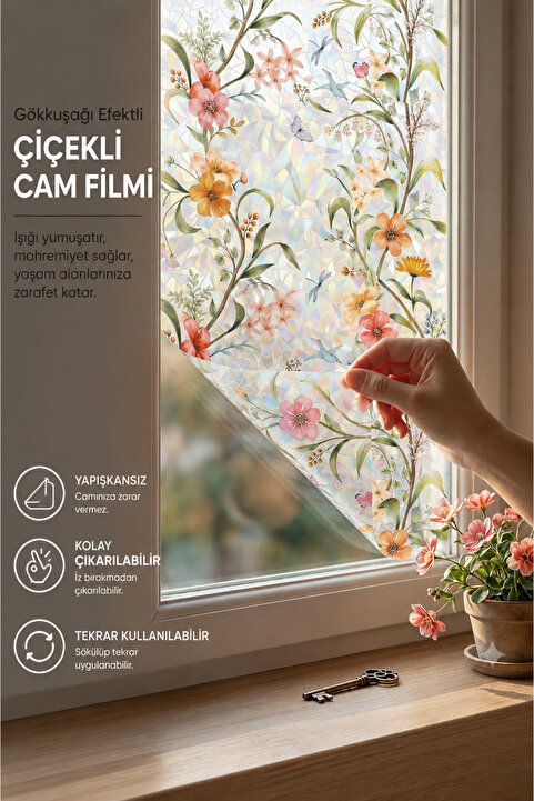 Deconitte Gökkuşağı Efektli Renkli Çiçek Desenli Buzlu Statik Cam Filmi 60cmx100cm Yapışkansız Dekoratif Pencer
