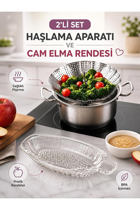 MorBebe Bebekler için Ek Gıda Haşlama Aparatı ve Cam Elma Rendesi 2'li Set