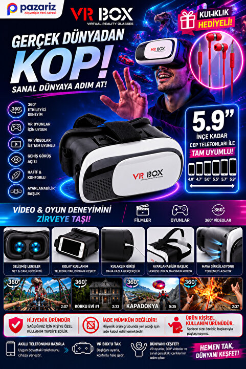Vr Box Sanal Gerçeklik Gözlüğü Set 360 Vr Evde Eğlence Paketi Kulalkık