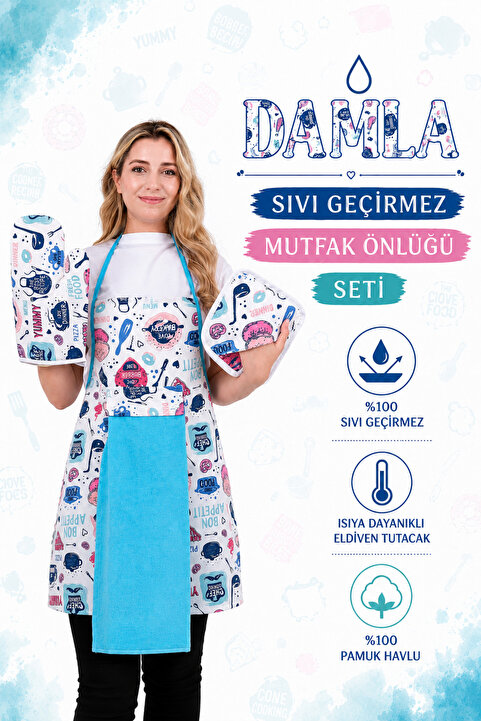 sevilya Damla Sıvı Geçirmez Su Geçirmez Mutfak Önlüğü Havlulu Mutfak Önlüğü (ELDİVEN VE TUTACAK)