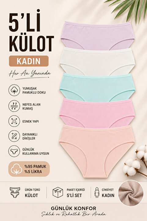 Nicoletta Kadın Külot 5'li Paket Lazer Kesim Pamuklu Interlok Likrali SOMON