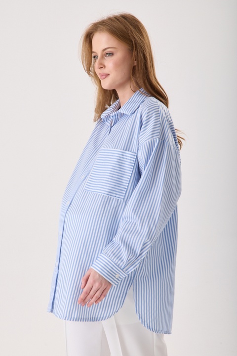 KATLİN MATERNİTY WEAR Hamile Oversize Kalıp Bebemavi Çizgili Gömlek, Tek cepli Detaylı
