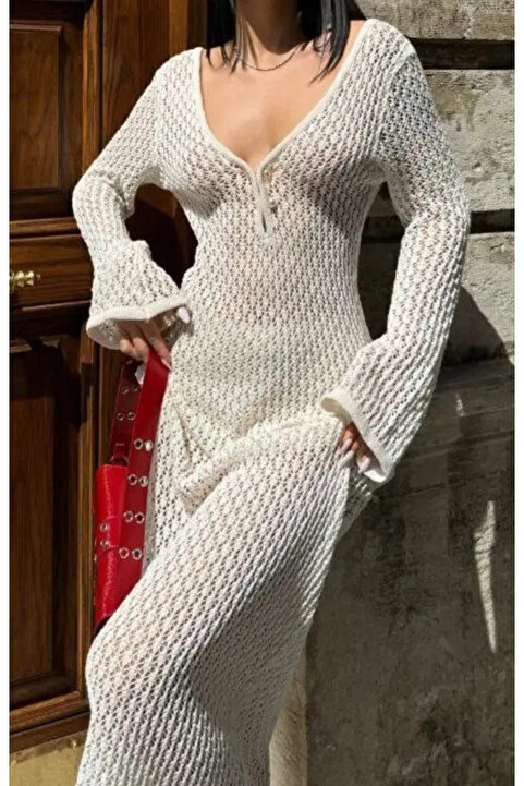 Butik Ekru Maxi Boy Ajurlu/Delikli Yazlık Elbise
