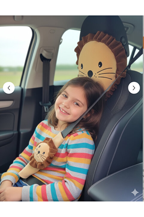 tosbai Şampiyon Aslan Araba Boyun Yastığı Ve Emniyet Kemeri Aksesuarı Peluş Kılıf Seti(1 YASTIK VE 1 KILIF)