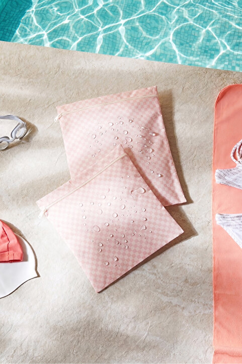 Ocean Home Textile 2 Adet Su Geçirmez Pvc Astarlı Pembe Dama Desen Mayo Islak Kuru Kirli Temiz Çamaşır Çantası