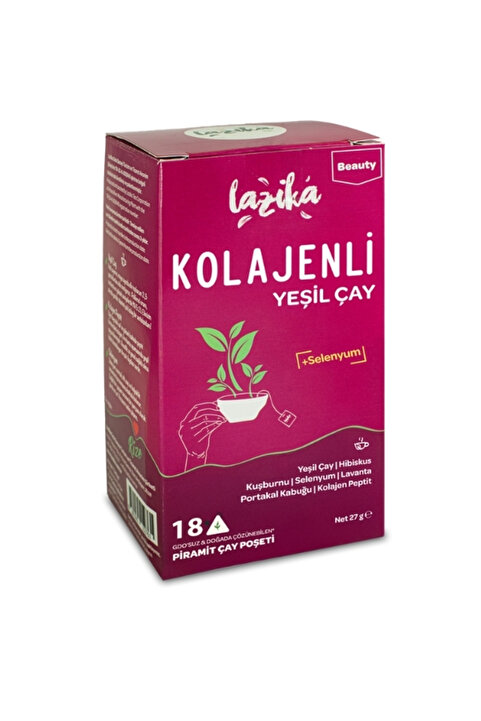 LAZİKA Kolajenli Yeşil Çay 18'li Non-GMO PLA Piramit Poşet - Peptit Kolajen içeren Yeşil Çay, Hibiskus, Portakal Kabuğu, Kuşburnu, Lavanta Selenyum