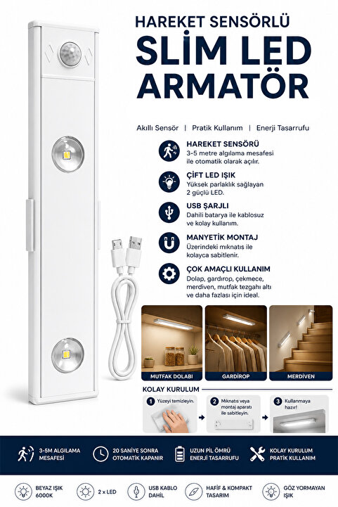 Neo Vista Slim Led Kabin Armatürü Hareket Sensörlü Dekoratif Gece Lambası Usb Şarjlı Aydınlatma 20 Cm BEYAZ 2W