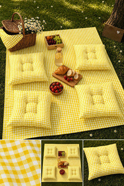 Belomia Home Collection Çanta Hediyeli Pötikare Desen Piknik Seti| Pötikareli 4 Minder + Masa Õrtüsü