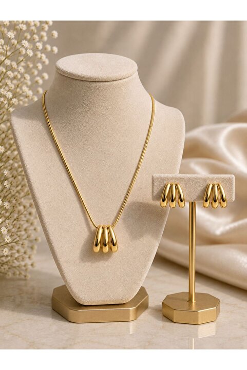 Nisma 3'lü Gold Halka Kolye Küpe 2'li set