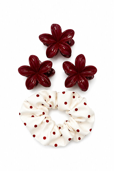 Jack Ferrero Kadın Bordo Çiçekli Mandal Toka ve Puantiyeli Scrunchie Seti