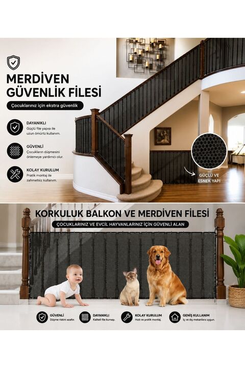 MorPort Siyah Çocuk Ve Evcil Hayvan Için Korkuluk Balkon Ve Merdiven Filesi Bebek Güvenlik Filesi Koruyucu
