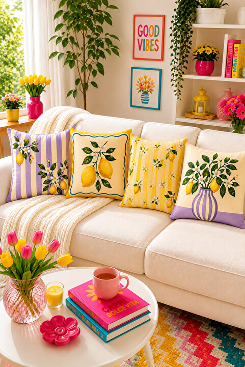 ayshome textile Ays Home Limon Desenli Modern Dekoratif Balkon Bahçe Ev 4'Lü Yastık Kılıfı Seti (Çift taraf baskılı)