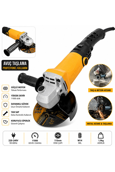MOONSHOP Devir Ayarlı Avuç Içi Spiral Taşlama Makinası 2800W 115-125 mm Hediyeli.
