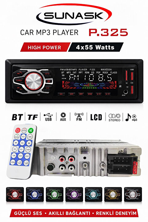 Sunask Sn-606 Çift Usb'li Bluetooth Oto Teyp Araba Teyibi Kumandalı Oto Teyip Mp3 Çalar Amfi Çıkışlı