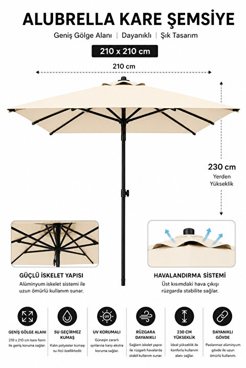 Düvenci Alubrella Güneş Şemsiyesi Kare, 210 CM, Krem Rengi Su Geçirmez Kumaş, Bidonsuz