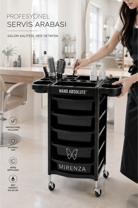 mirenza cosmetic Lüx Kuaför Saç Boya ve Servis Arabası - Tekerlekli Katlanır Kanatlı Boya Standı
