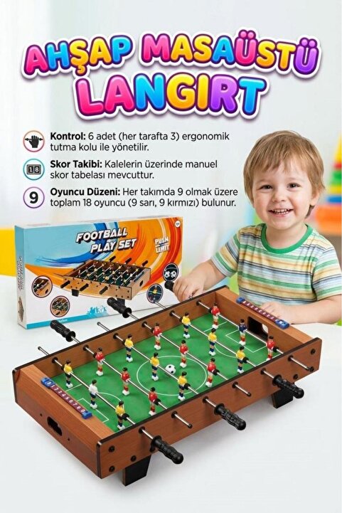 Tıfıl Toys Ahşap 2 Kişilik Masaüstü Langırt! 6 Kollu 2 Toplu 51cm Skor Tabelalı Eğlenceli Futbol Oyunu