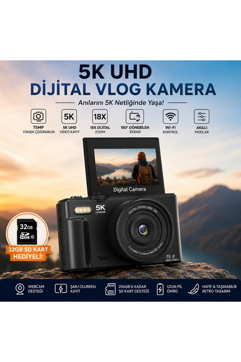 ROBEVE 5K UHD 75MP Dijital Fotoğraf Makinesi Vlog Kamera – 18X Dijital Zoom, 180° Dönebilen IPS Ekran, Wi-Fi Kontrollü, Slow Motion & Time-Lapse Destekli 64GB SD Kart Hediyeli Fotoğraf Makinası