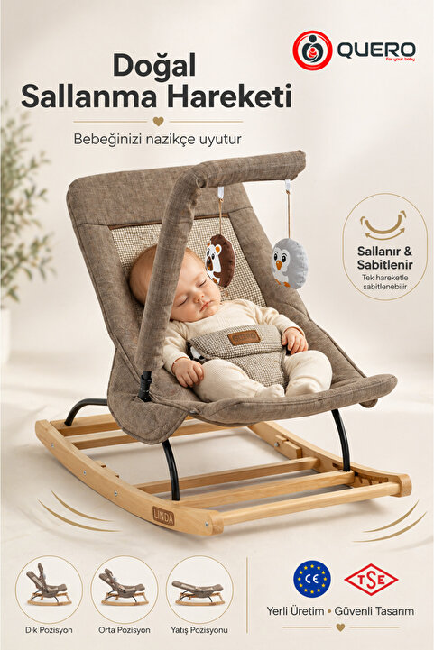 Quero Linda Ahşap Anakucağı, Kademeli, Sallanır, Sabitlenebilir, Oyuncaklı,Ana Kucağı Puset, Ana Dizi