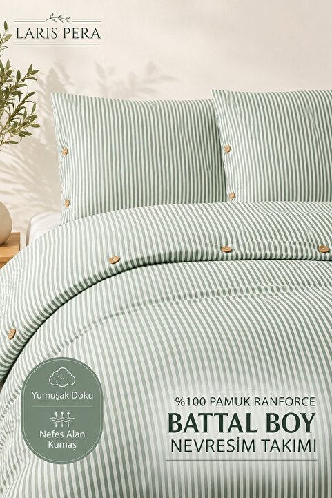 Larispera Battal Boy Düğmeli Pamuklu Ranforce Çizgili Nevresim Takımı King Size Duvet CoverSet Yeşil