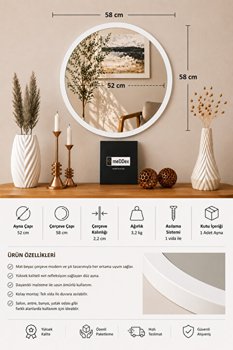 SUEL HOUSE Beyaz Dekoratif Yuvarlak Antre Hol Koridor Duvar Aynası 60 cm
