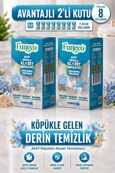 FUNECO Okyanus Ferahlığı - Avantajlı Paket - 2 Kutu - 8 Paket - Tuvalet Klozet Temizleyici, Aktif Köpüklü
